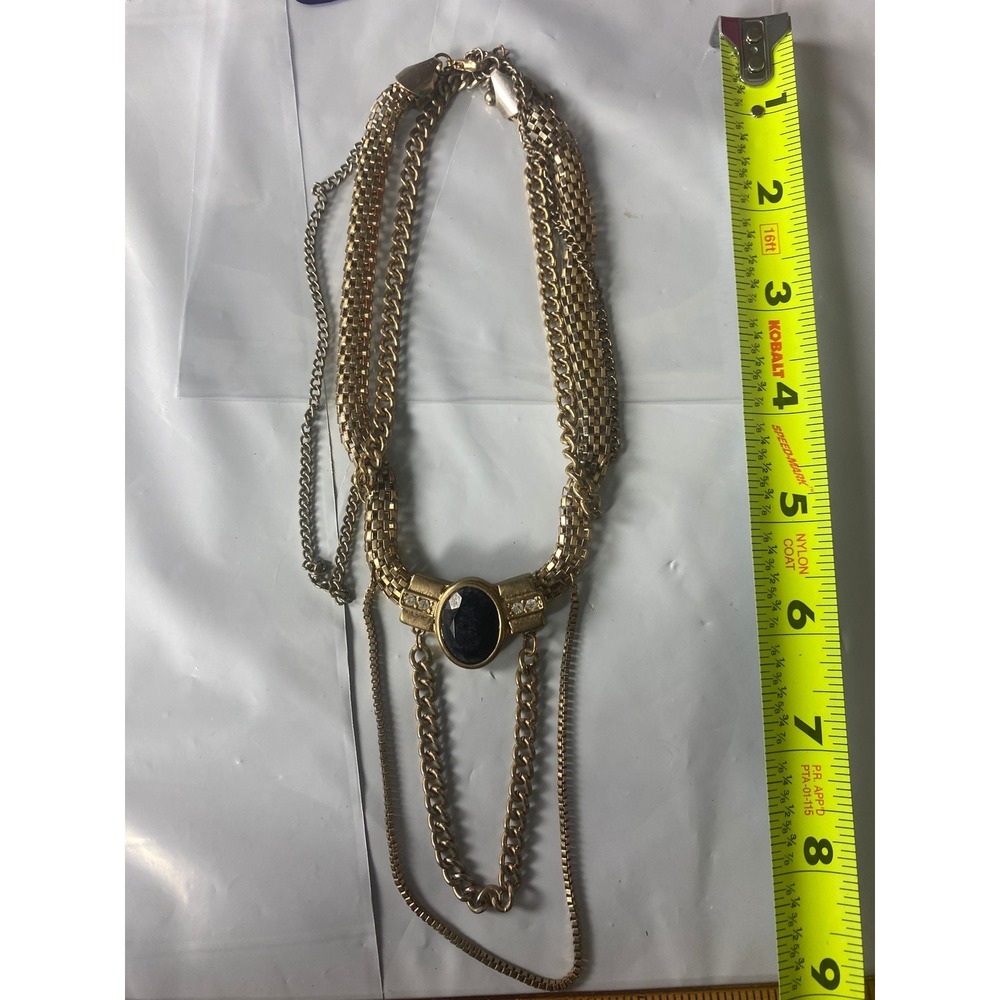 Vintage Gold Tone Layered Multi Chain Statement Necklace Faux Onyx Rhinestone